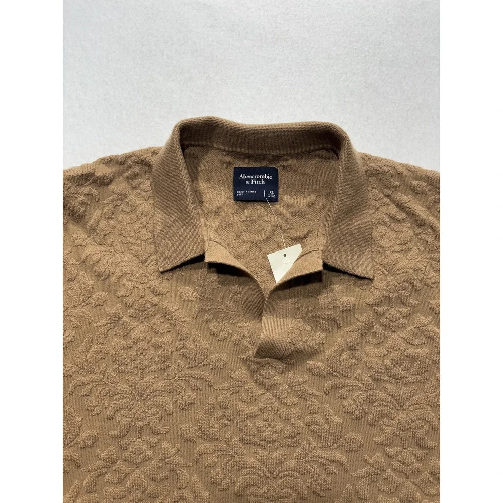 Abercrombie & Fitch Polo Shirt Mens XL Brown Jacquard Floral Knit Short Sleeve